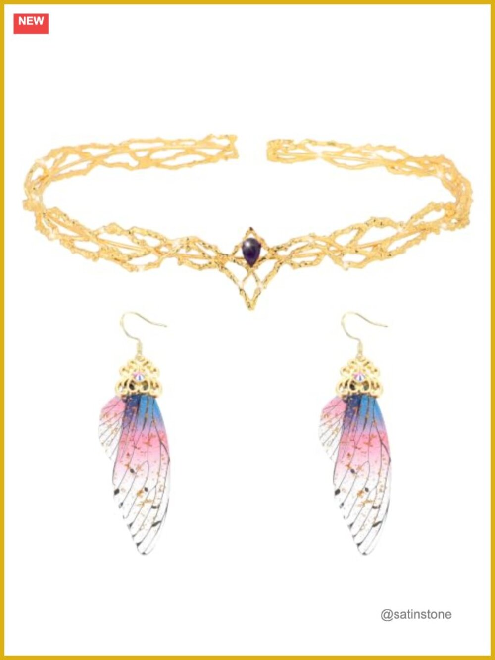 Fairy Crown Butterfly Earring Set Gold Tone Alloy Resin Cosplay Accessories